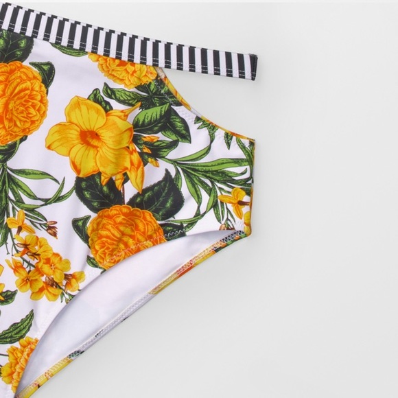 Yellow Floral Striped High Waist Bikini Swimsuit - Picture 6 of 8